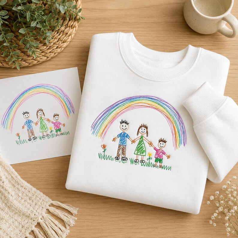 Embroidered Custom Family Portrait Sweatshirt, Personalized Drawing Embroidery, Unique Gift For Mom, Kids Art Embroidered Crewneck