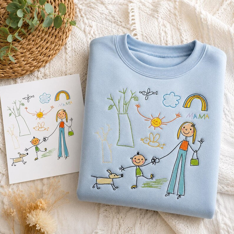 Embroidered Custom Family Portrait Sweatshirt, Personalized Drawing Embroidery, Unique Gift For Mom, Kids Art Embroidered Crewneck