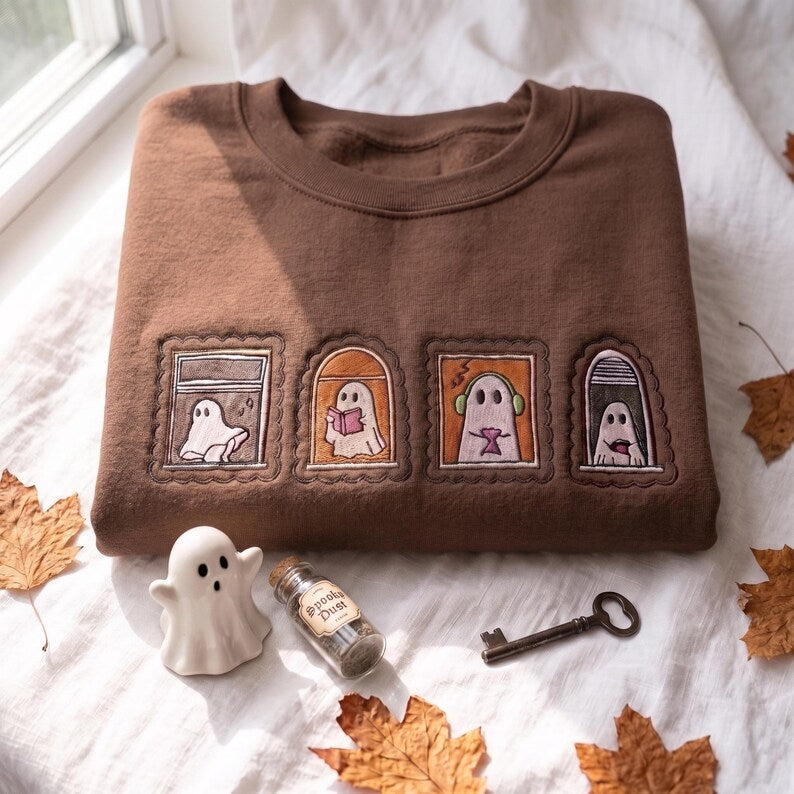Embroidered Too Cozy To Haunt Shirt, Cute Ghost Window Graphic Tee, Cozy Halloween Spooky Season Shirt Fall Gift for Ghost Lovers