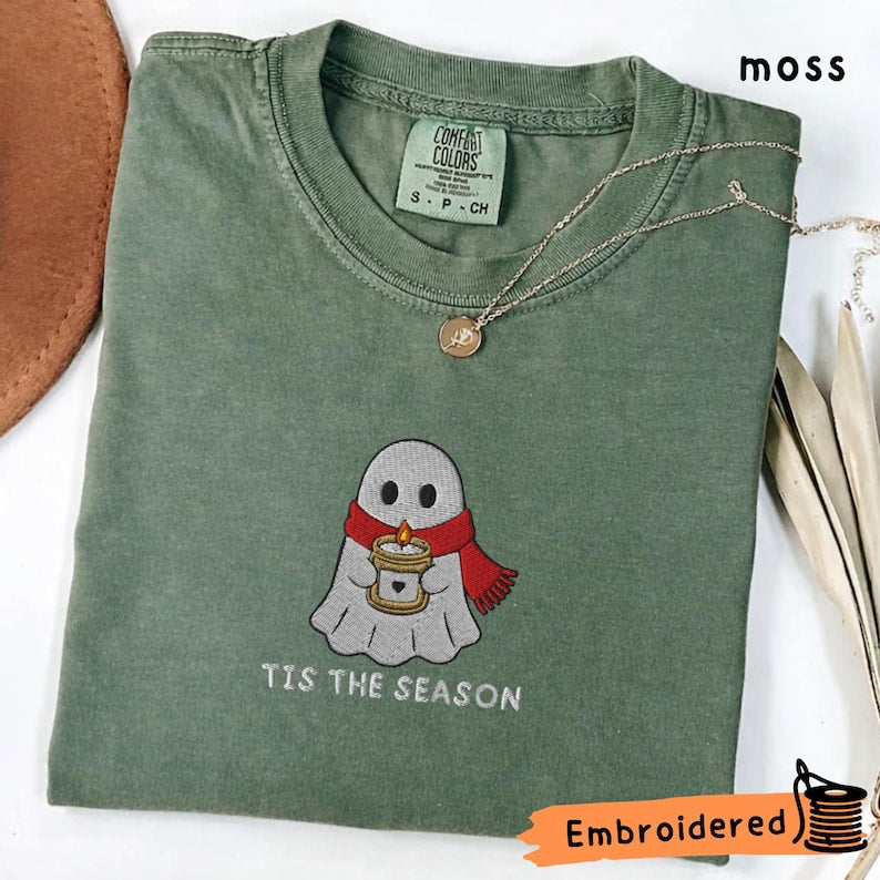 Ghost Embroidered Shirt, Cozy Holiday Embroidered Tee, Spooky Christmas Shirt, Tis The Season Ghost, Comfort Colors Shirt