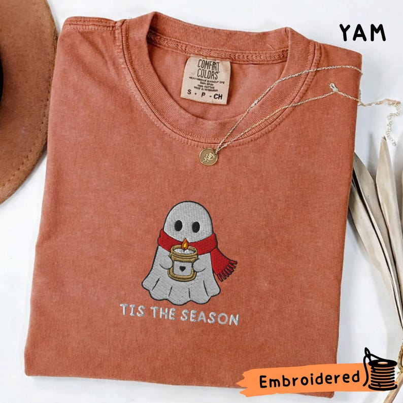 Ghost Embroidered Shirt, Cozy Holiday Embroidered Tee, Spooky Christmas Shirt, Tis The Season Ghost, Comfort Colors Shirt