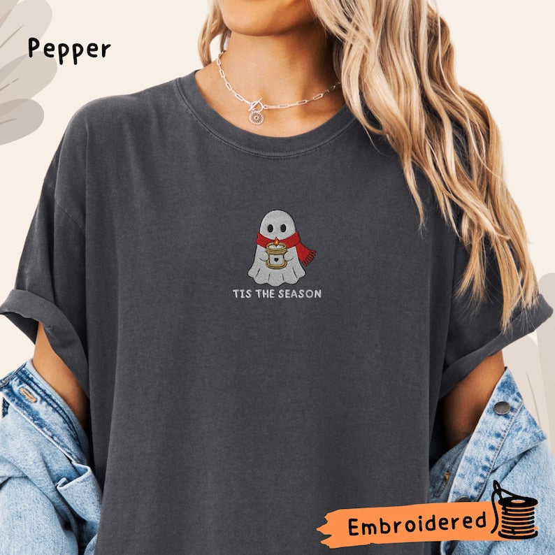 Ghost Embroidered Shirt, Cozy Holiday Embroidered Tee, Spooky Christmas Shirt, Tis The Season Ghost, Comfort Colors Shirt
