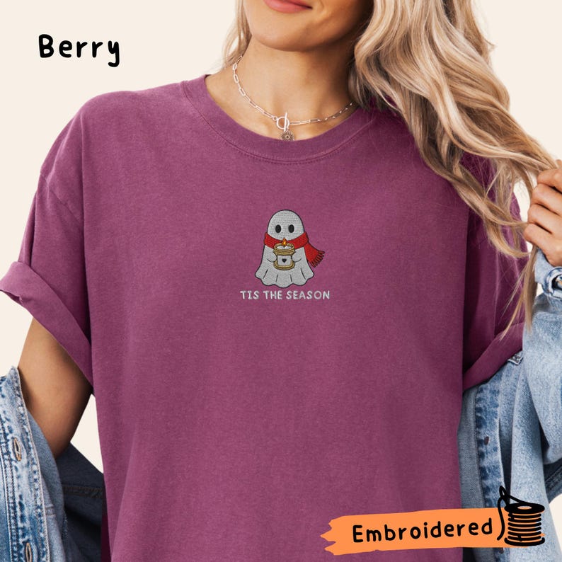 Ghost Embroidered Shirt, Cozy Holiday Embroidered Tee, Spooky Christmas Shirt, Tis The Season Ghost, Comfort Colors Shirt