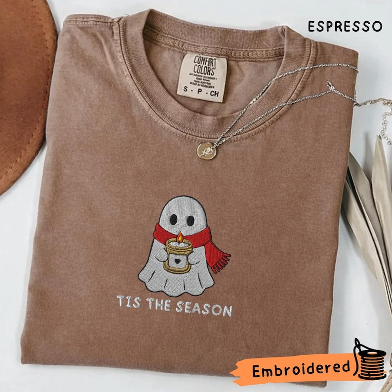 Ghost Embroidered Shirt, Cozy Holiday Embroidered Tee, Spooky Christmas Shirt, Tis The Season Ghost, Comfort Colors Shirt