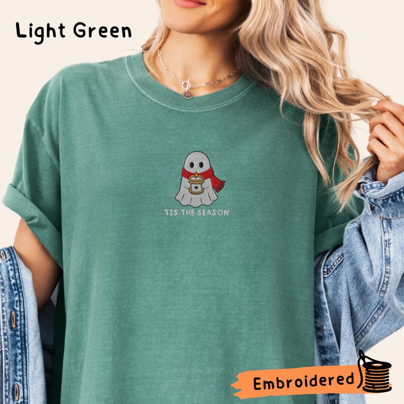 Ghost Embroidered Shirt, Cozy Holiday Embroidered Tee, Spooky Christmas Shirt, Tis The Season Ghost, Comfort Colors Shirt