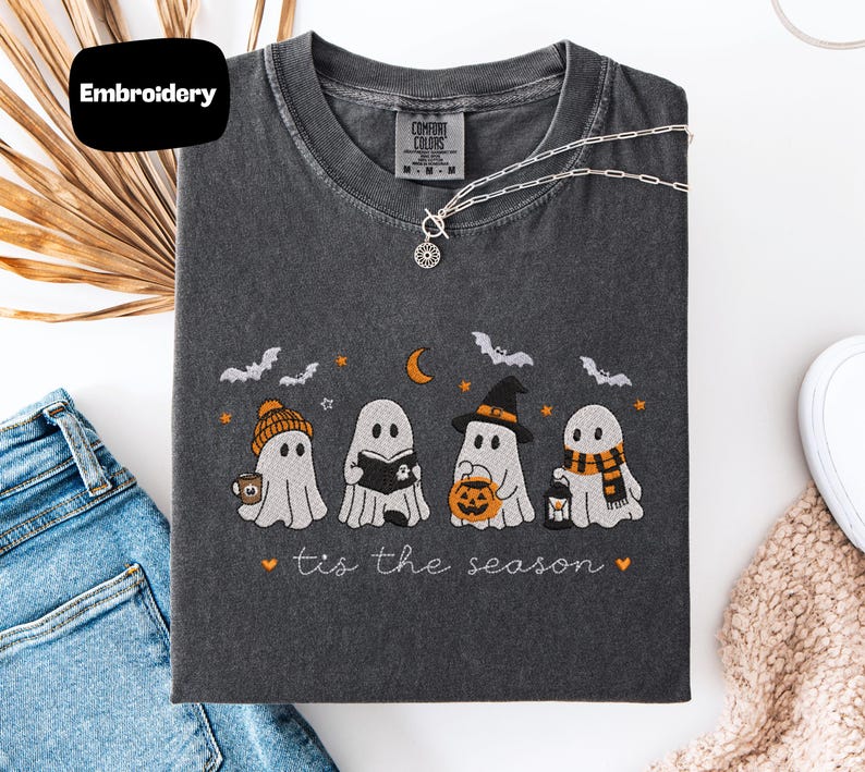 Tis The Season Embroidered Shirt, Cute Ghost Comfort Colors Tee, Halloween Coffee Pumpkin Reading Ghosts 2026