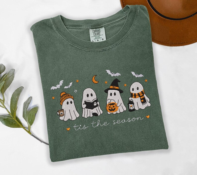 Tis The Season Embroidered Shirt, Cute Ghost Comfort Colors Tee, Halloween Coffee Pumpkin Reading Ghosts 2026