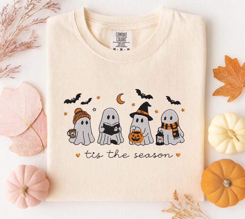 Tis The Season Embroidered Shirt, Cute Ghost Comfort Colors Tee, Halloween Coffee Pumpkin Reading Ghosts 2026