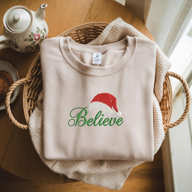 Embroidered Believe Christmas Shirt, Santa Hat Sweatshirt, Believe T-Shirt, Believe Santa Shirt, Christmas gift