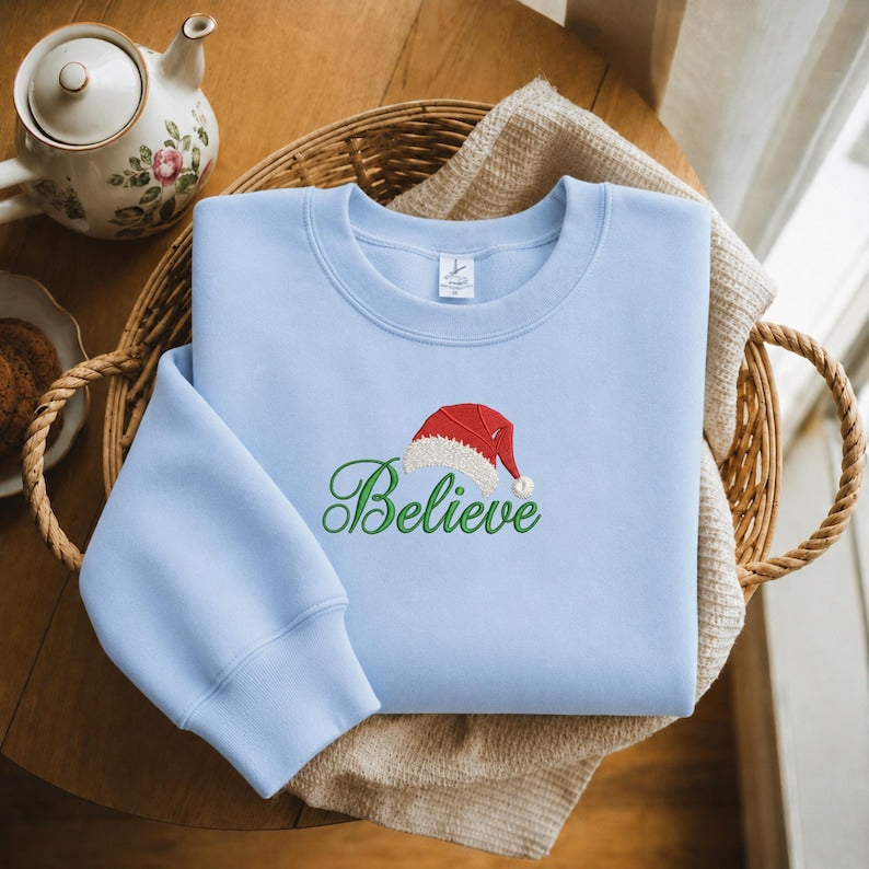 Embroidered Believe Christmas Shirt, Santa Hat Sweatshirt, Believe T-Shirt, Believe Santa Shirt, Christmas gift