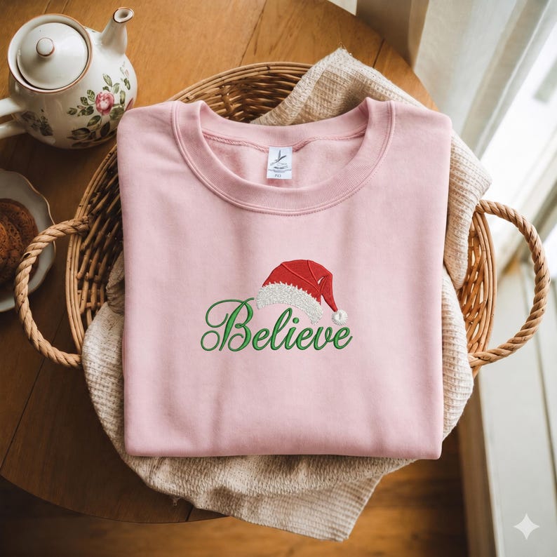 Embroidered Believe Christmas Shirt, Santa Hat Sweatshirt, Believe T-Shirt, Believe Santa Shirt, Christmas gift