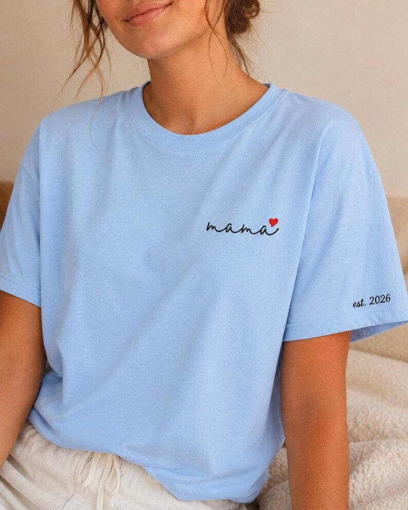 Embroidered Mama T-Shirt, Organic Cotton, Minimalist Mom Tee, Custom Est. Year Heart