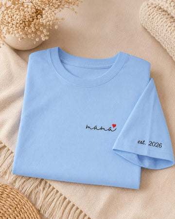 Embroidered Mama T-Shirt, Organic Cotton, Minimalist Mom Tee, Custom Est. Year Heart