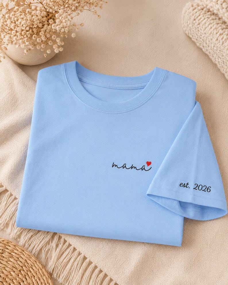 Embroidered Mama T-Shirt, Organic Cotton, Minimalist Mom Tee, Custom Est. Year Heart