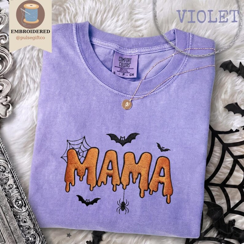 Embroidered Halloween Mama Shirt, Comfort Colors Spooky Mom Tee, Cute Ghost Season Shirt, Fall Mom Gift, Fall Graphic Shirt for Women