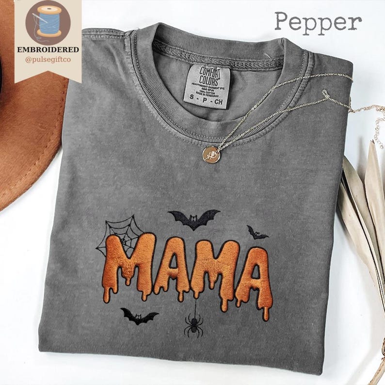 Embroidered Halloween Mama Shirt, Comfort Colors Spooky Mom Tee, Cute Ghost Season Shirt, Fall Mom Gift, Fall Graphic Shirt for Women