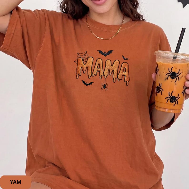 Embroidered Halloween Mama Shirt, Comfort Colors Spooky Mom Tee, Cute Ghost Season Shirt, Fall Mom Gift, Fall Graphic Shirt for Women