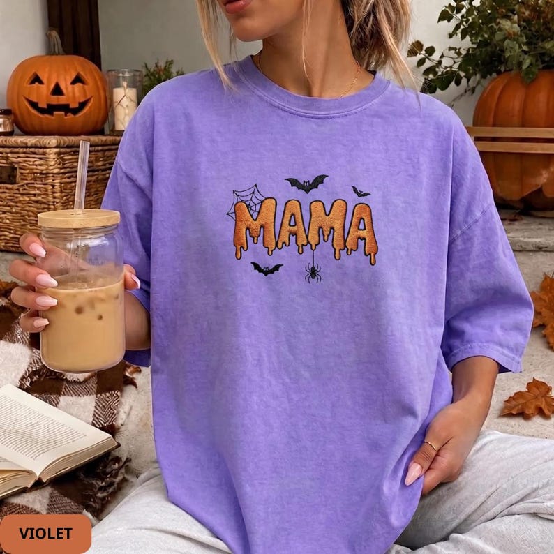 Embroidered Halloween Mama Shirt, Comfort Colors Spooky Mom Tee, Cute Ghost Season Shirt, Fall Mom Gift, Fall Graphic Shirt for Women