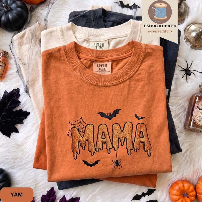Embroidered Halloween Mama Shirt, Comfort Colors Spooky Mom Tee, Cute Ghost Season Shirt, Fall Mom Gift, Fall Graphic Shirt for Women