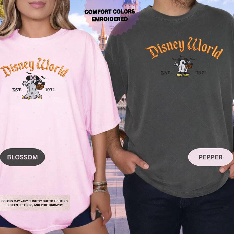 Embroidered Mickey Minnie Halloween Shirt, Disney Couple Ghost Embroidery Tee, Spooky Season Disneyland Matching Shirt