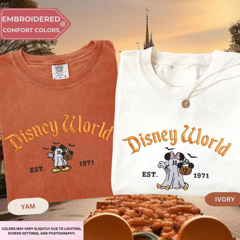 Embroidered Mickey Minnie Halloween Shirt, Disney Couple Ghost Embroidery Tee, Spooky Season Disneyland Matching Shirt