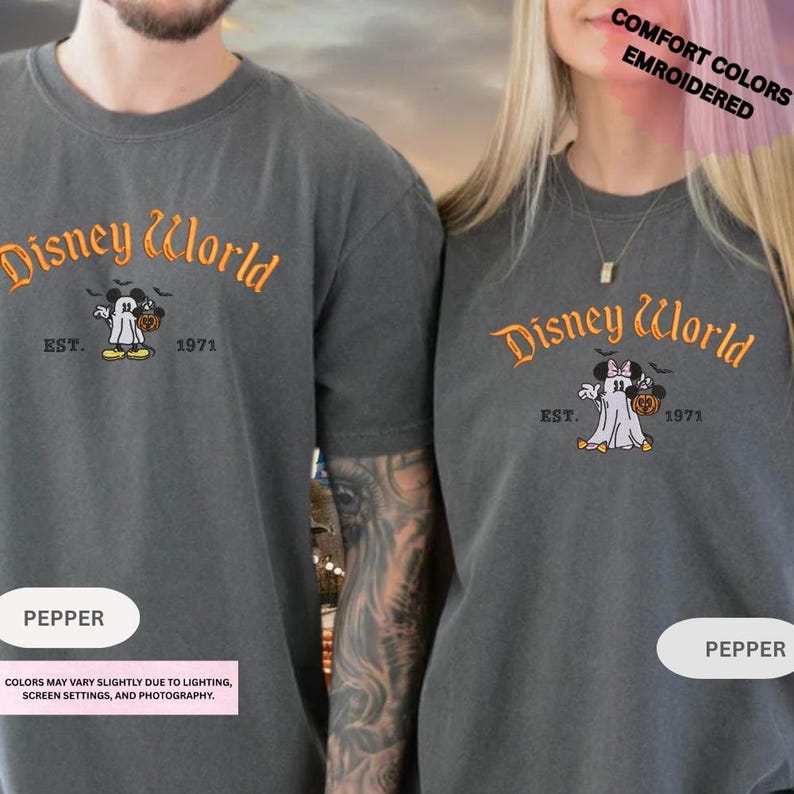 Embroidered Mickey Minnie Halloween Shirt, Disney Couple Ghost Embroidery Tee, Spooky Season Disneyland Matching Shirt