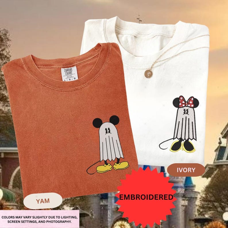Mickey Minnie Halloween Embroidered Shirt, Disney Spooky Season Tee, Cute Ghost Couple TShirt, Fall Outfit