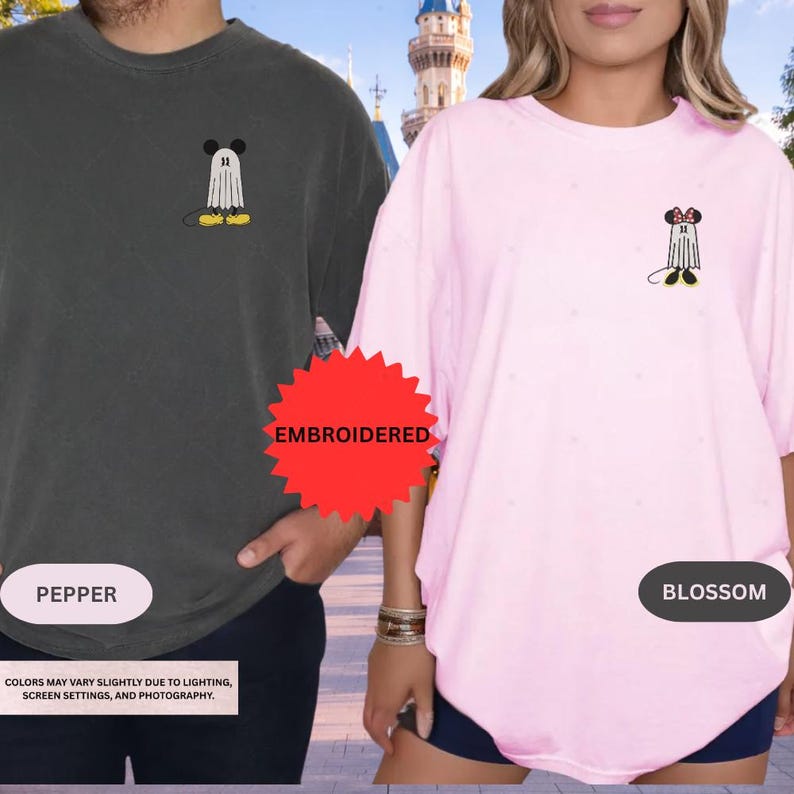 Mickey Minnie Halloween Embroidered Shirt, Disney Spooky Season Tee, Cute Ghost Couple TShirt, Fall Outfit