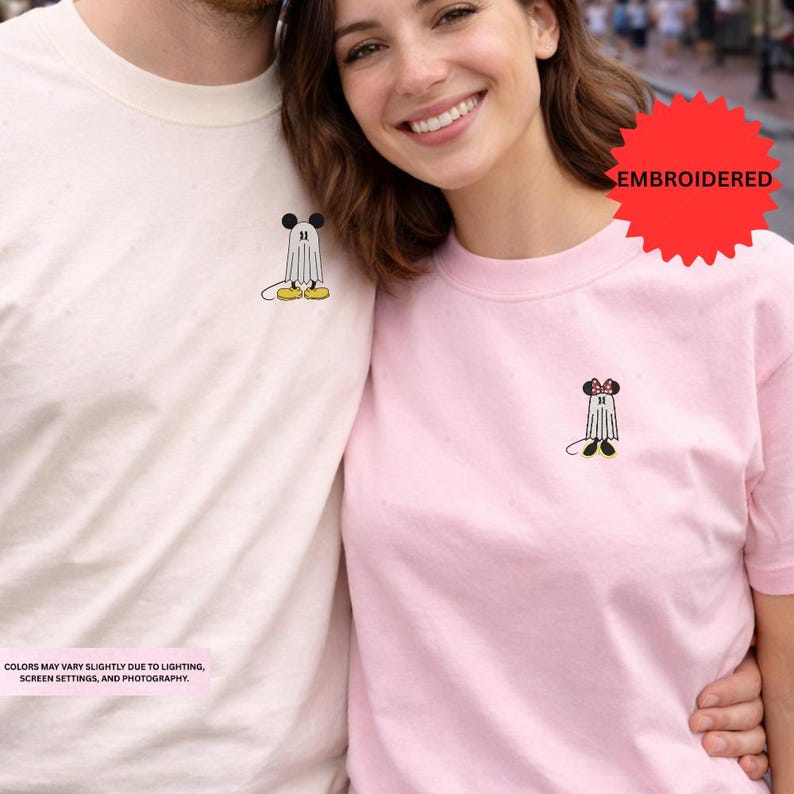 Mickey Minnie Halloween Embroidered Shirt, Disney Spooky Season Tee, Cute Ghost Couple TShirt, Fall Outfit