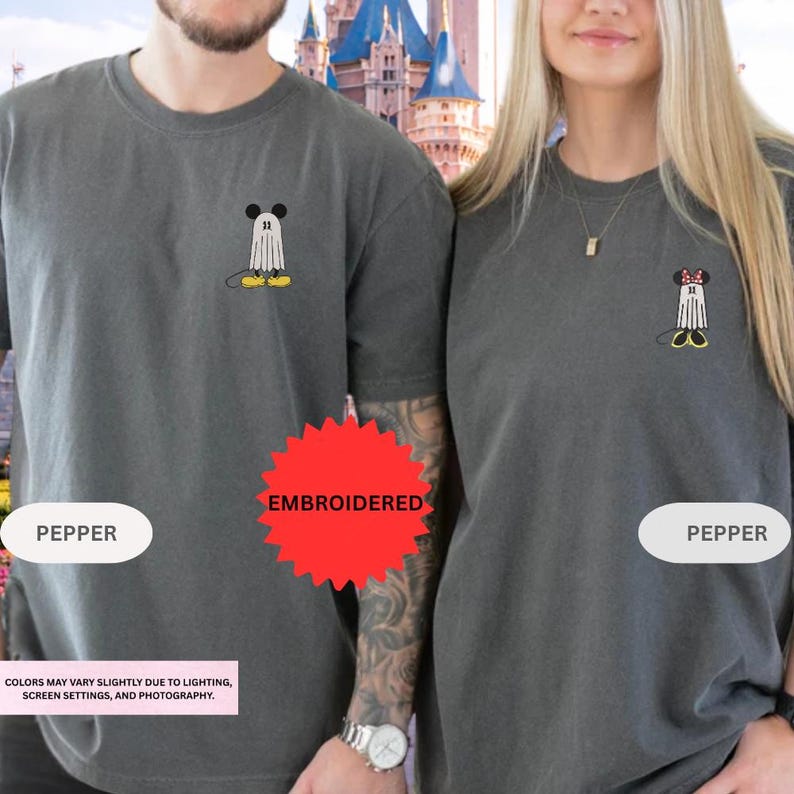 Mickey Minnie Halloween Embroidered Shirt, Disney Spooky Season Tee, Cute Ghost Couple TShirt, Fall Outfit