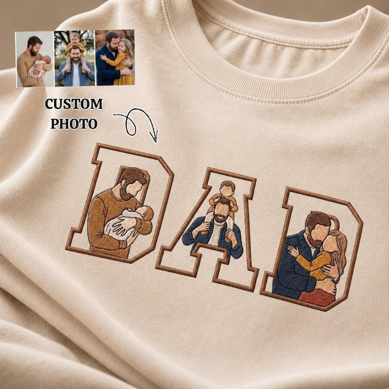 Embroidered Custom Portrait from Photo Comfort Colors Shirt, Personalized Dad and Kids Photo Hoodie, Father's Day Gift For Him