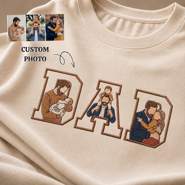 Embroidered Custom Portrait from Photo Comfort Colors Shirt, Personalized Dad and Kids Photo Hoodie, Father's Day Gift For Him