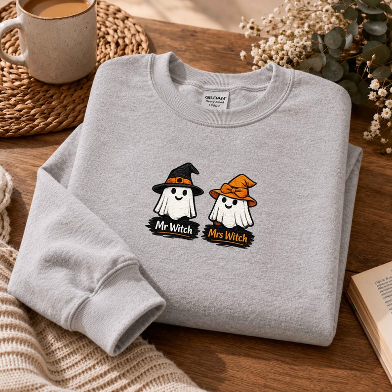 Mr and Mrs Witch Sweatshirt, Gildan 18000 Embroidered Ghost Couple Halloween Crewneck, Custom Couple Gift