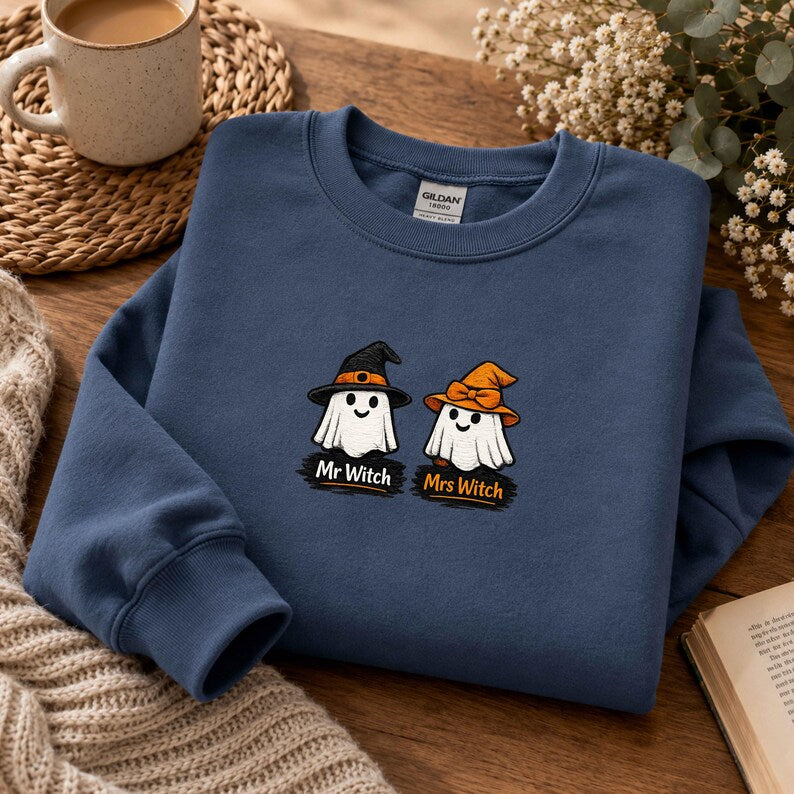 Mr and Mrs Witch Sweatshirt, Gildan 18000 Embroidered Ghost Couple Halloween Crewneck, Custom Couple Gift