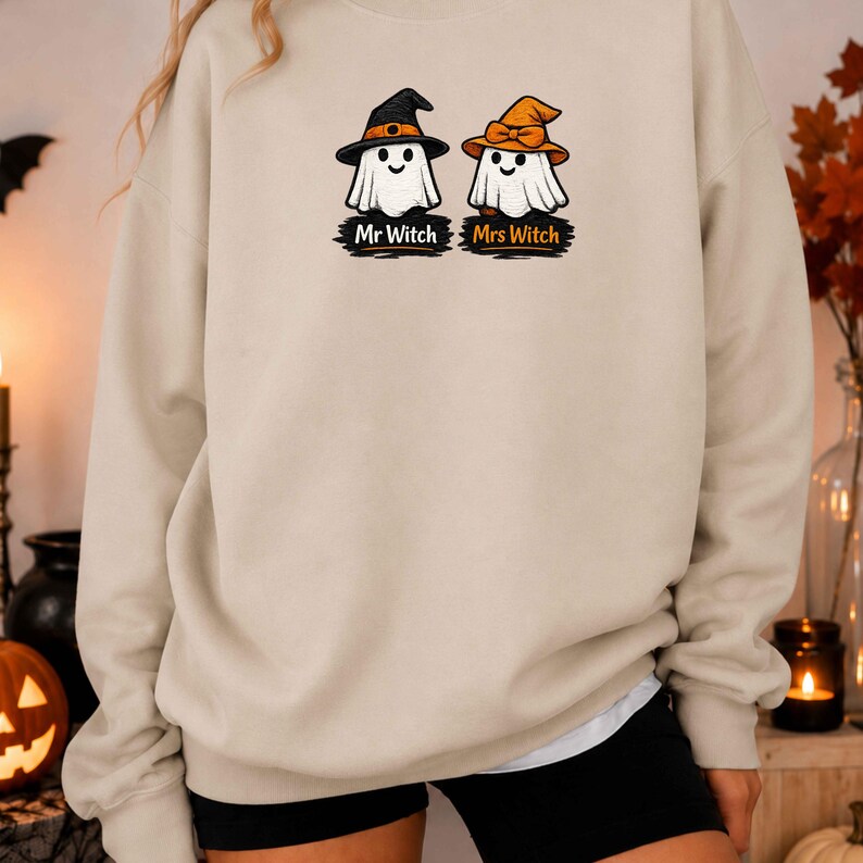 Mr and Mrs Witch Sweatshirt, Gildan 18000 Embroidered Ghost Couple Halloween Crewneck, Custom Couple Gift