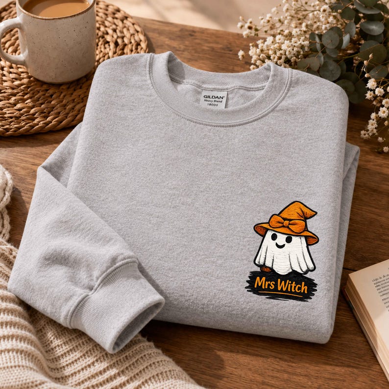 Mr and Mrs Ghost Sweatshirt, Gildan 18000 Embroidered Matching Halloween Crewneck, Cute Couple Gift