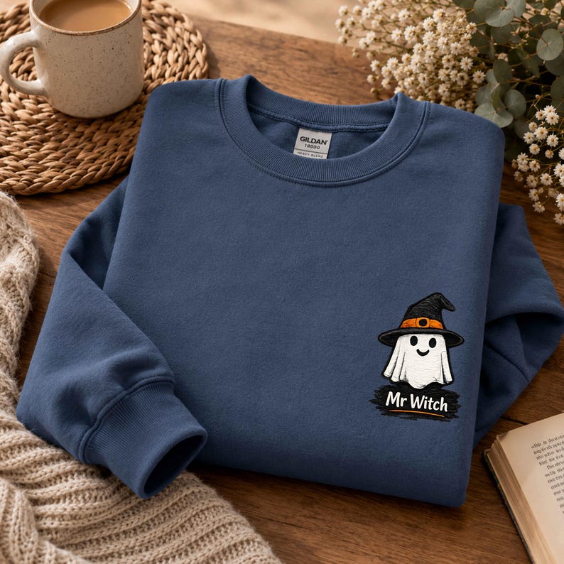Mr and Mrs Ghost Sweatshirt, Gildan 18000 Embroidered Matching Halloween Crewneck, Cute Couple Gift