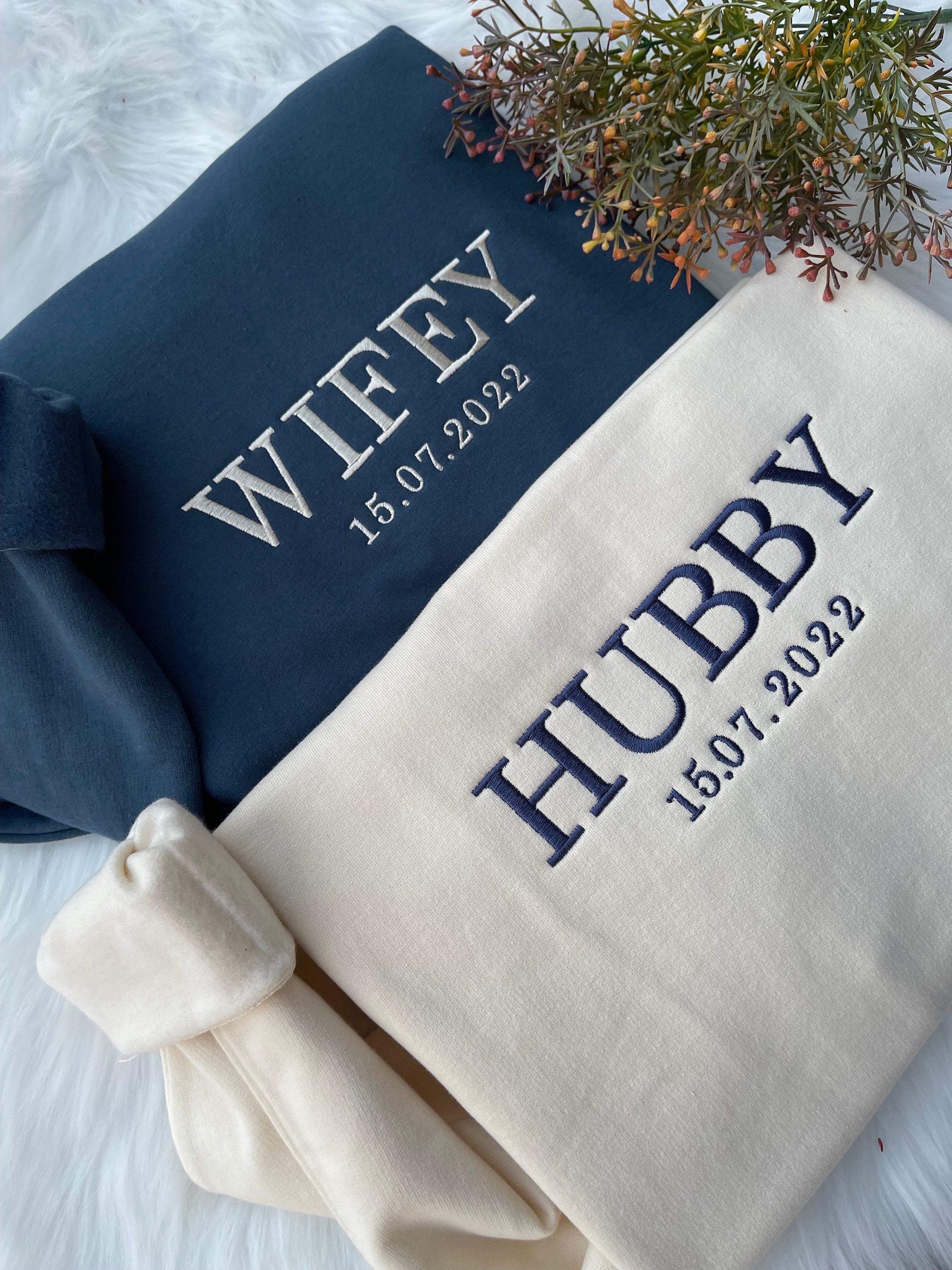 Custom Wifey and Hubby Embroidered Sweatshirt Hoodie Matching Valentine Wedding Gifts