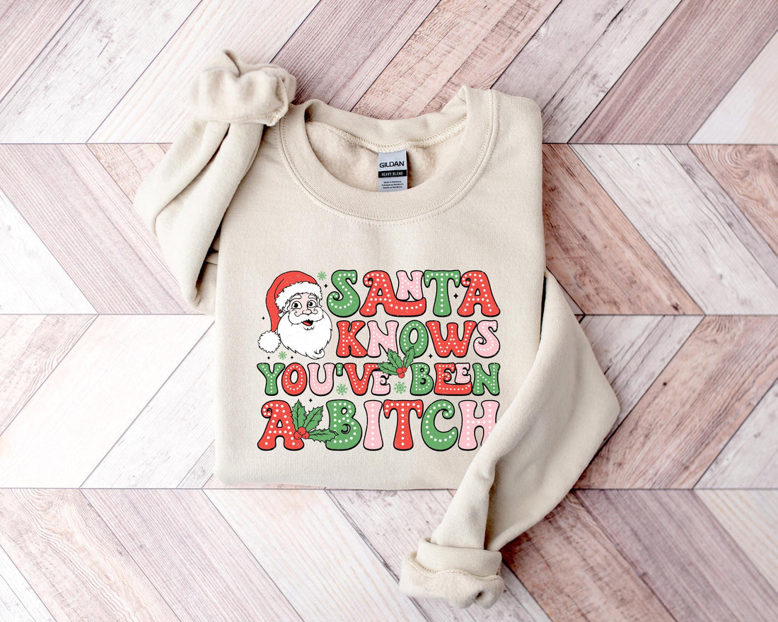 Funny Santa Shirt, Santa Knows You've Been Bitch Shirt, Sarcastic Christmas Shirt, Adult Humor Christmas Shirt, Holiday Sweater,Winter Shirt