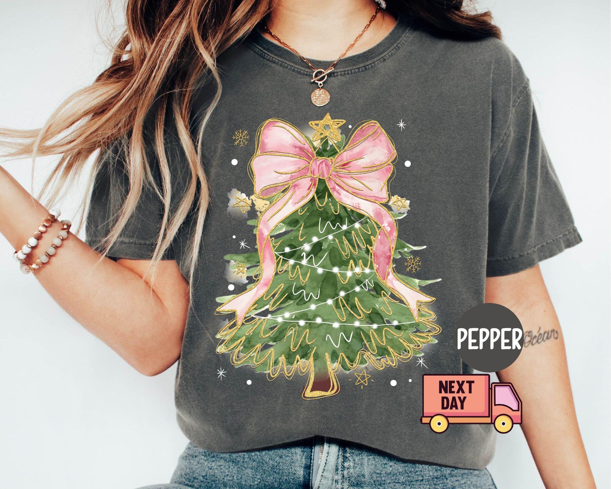 Comfort Colors® Christmas Tree Bow Shirt, Christmas Sweatshirt for Women, Christmas Tree Tshirt, Christmas Coquette Mom Gift,Christmas Shirt