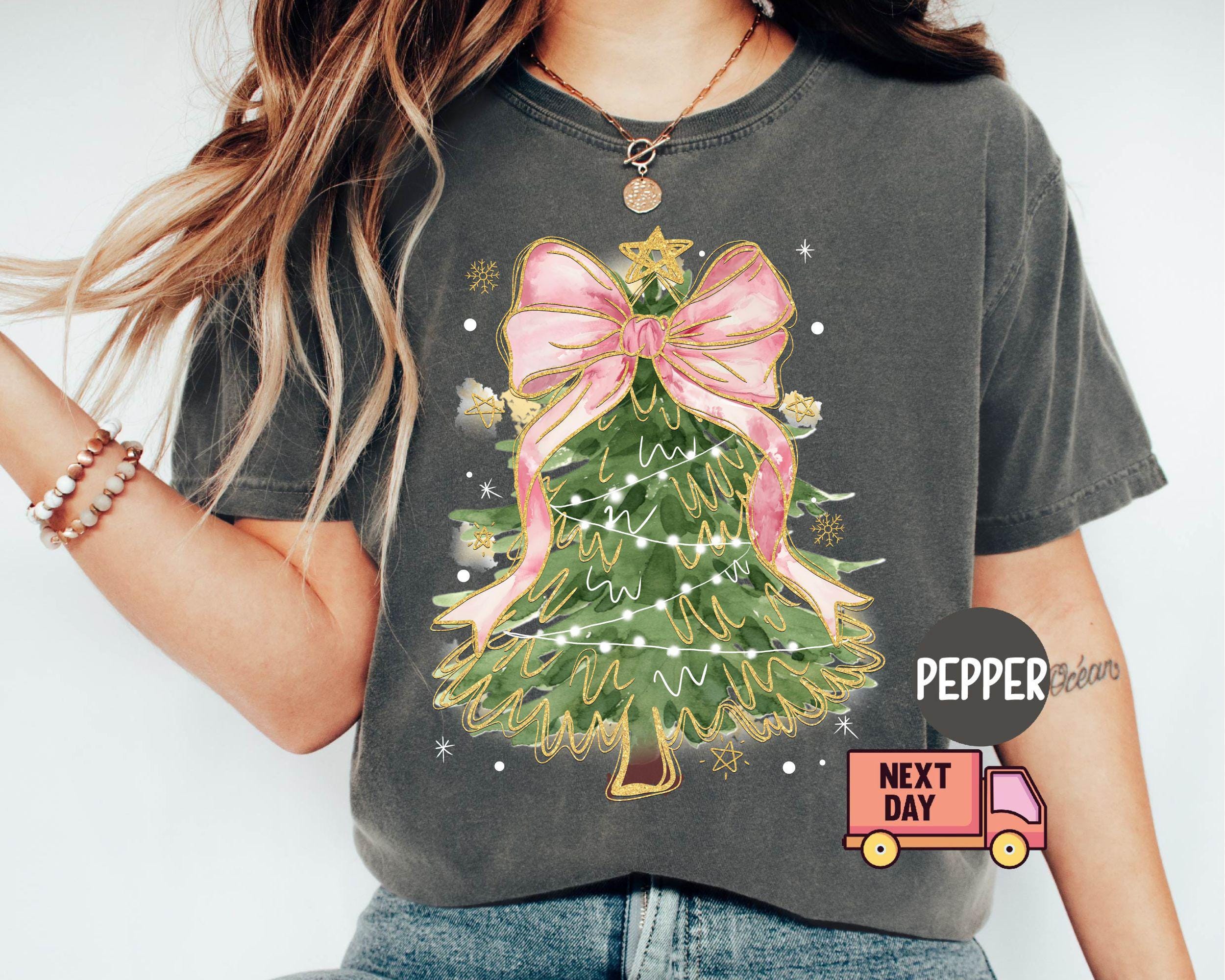 Comfort Colors® Christmas Tree Bow Shirt, Christmas Sweatshirt for Women, Christmas Tree Tshirt, Christmas Coquette Mom Gift,Christmas Shirt