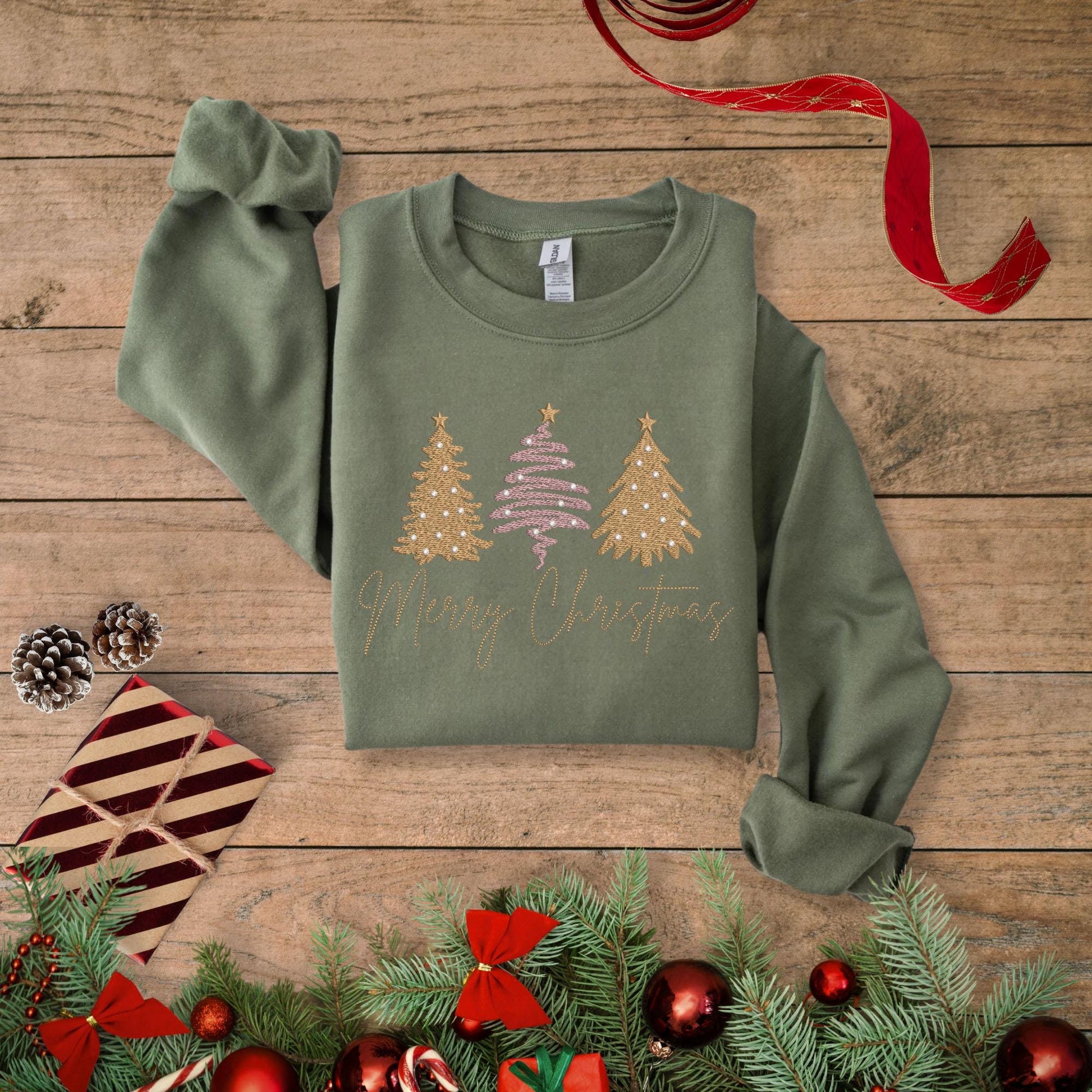 Merry Christmas Embroidered Shirt, Tis The Season Christmas Sweatshirt, Embroidered Christmas Trees, Believe Christmas, Merry And Bright Tee