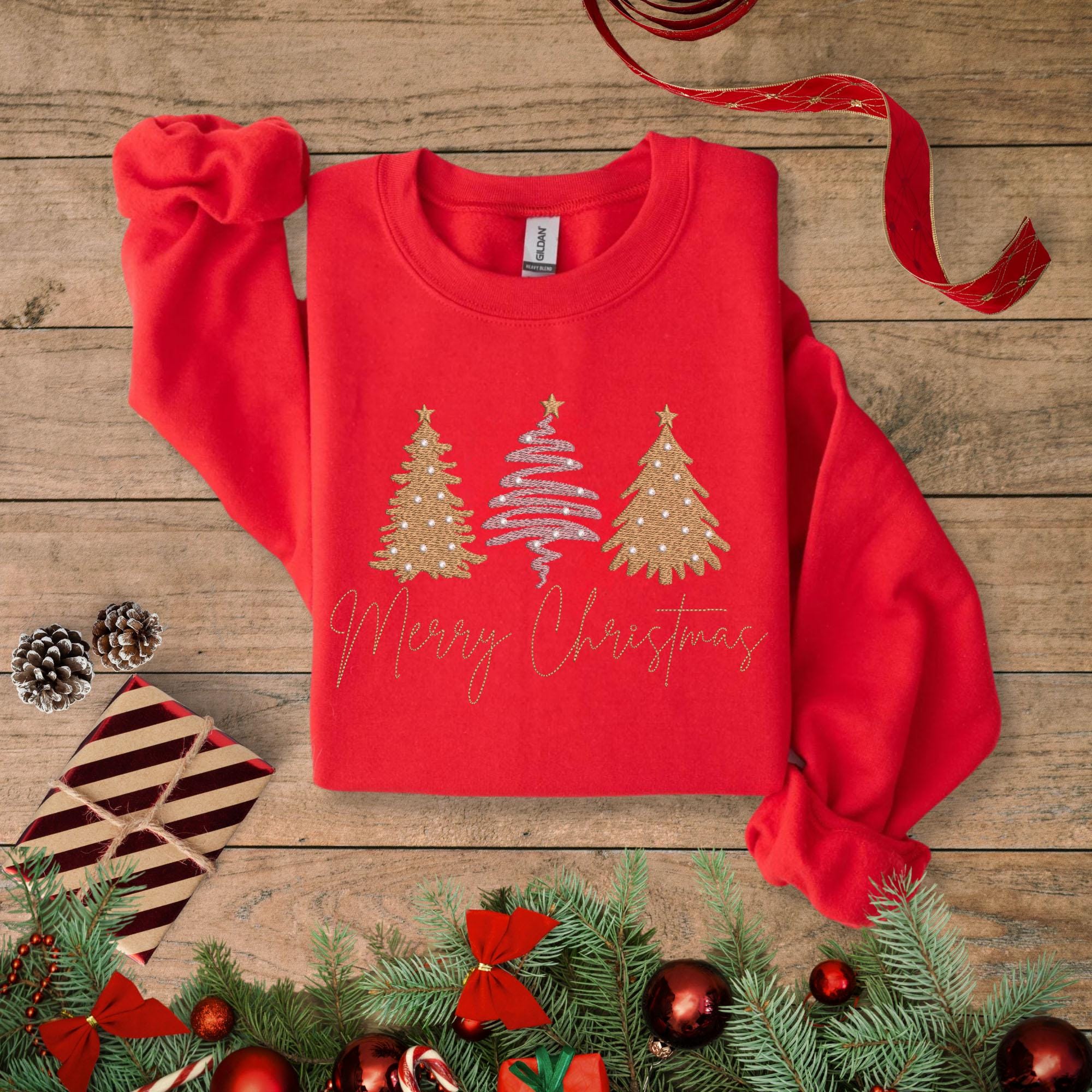 Merry Christmas Embroidered Shirt, Tis The Season Christmas Sweatshirt, Embroidered Christmas Trees, Believe Christmas, Merry And Bright Tee