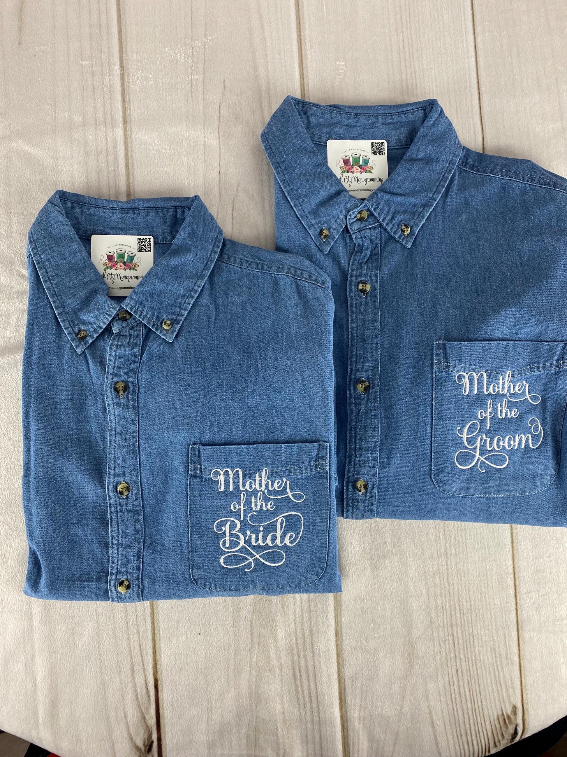 Wedding Party Shirts | Embroidered Pocket + Optional Cuff l Denim Shirts | Mother of the Bride - Bridesmaids | Button Down Shirt