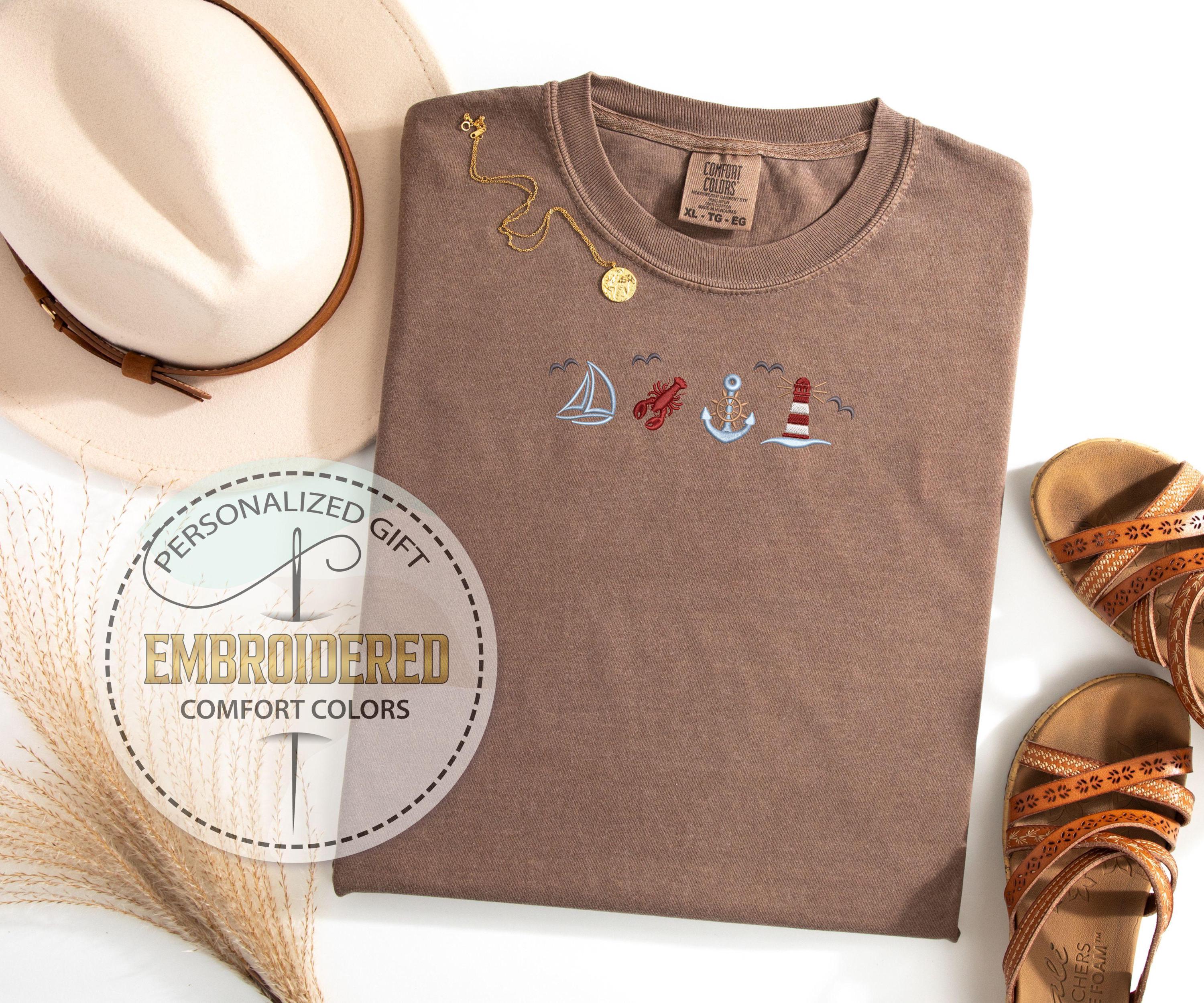 Nautical Embroidery Tee, Lobster Anchor Lighthouse Comfort Colors Shirt, Beach Adventure T-Shirt, Gift For Boat Lovers, Summer Ocean Tee