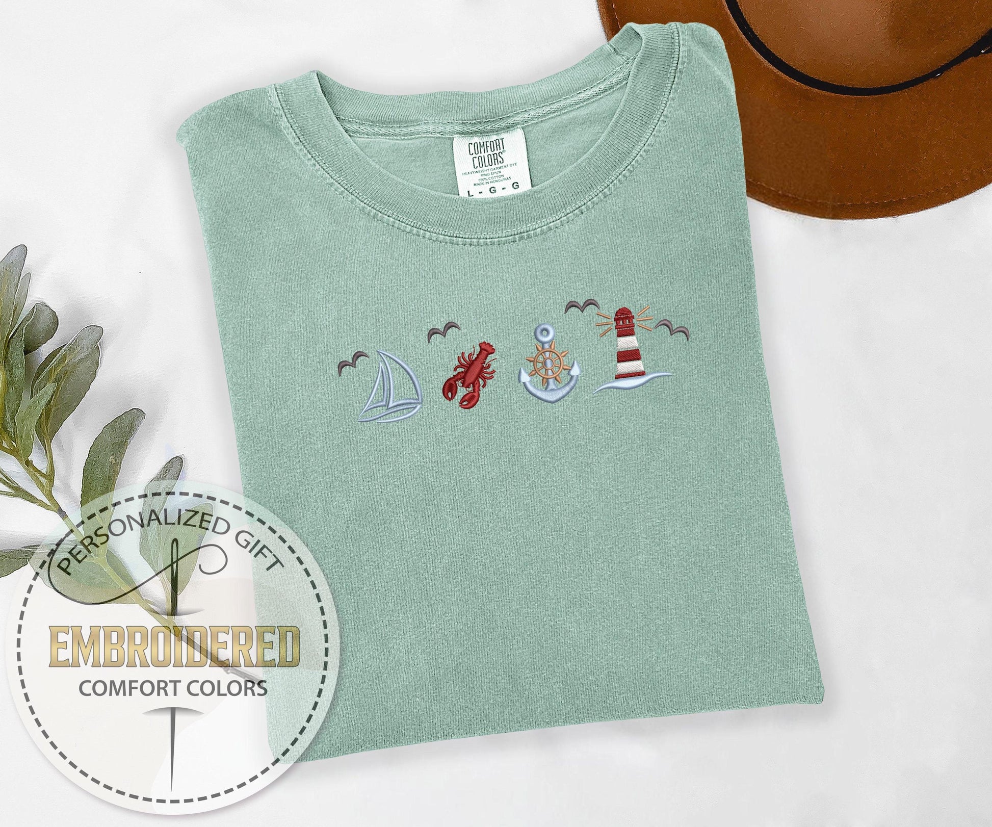 Nautical Embroidery Tee, Lobster Anchor Lighthouse Comfort Colors Shirt, Beach Adventure T-Shirt, Gift For Boat Lovers, Summer Ocean Tee