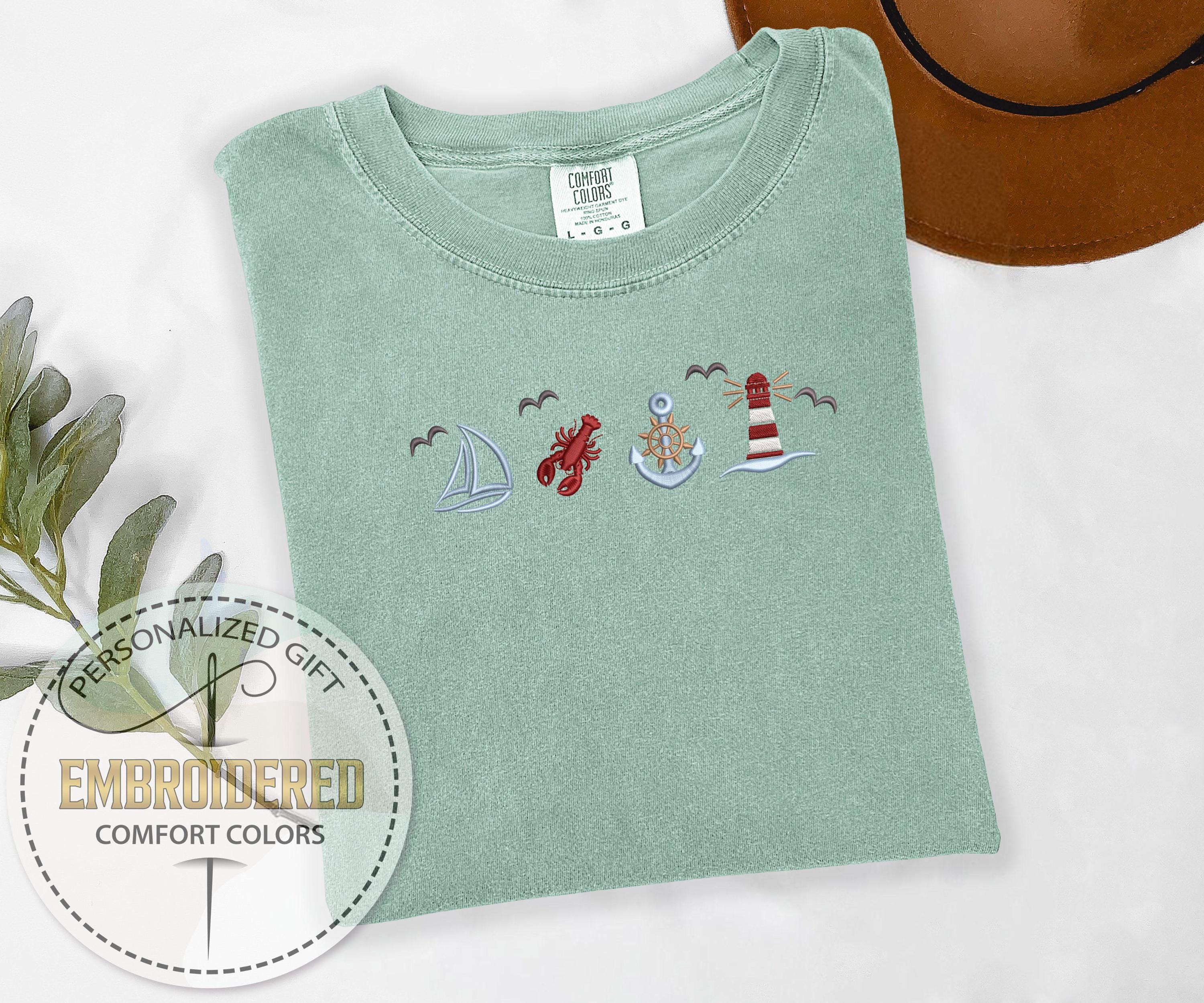 Nautical Embroidery Tee, Lobster Anchor Lighthouse Comfort Colors Shirt, Beach Adventure T-Shirt, Gift For Boat Lovers, Summer Ocean Tee