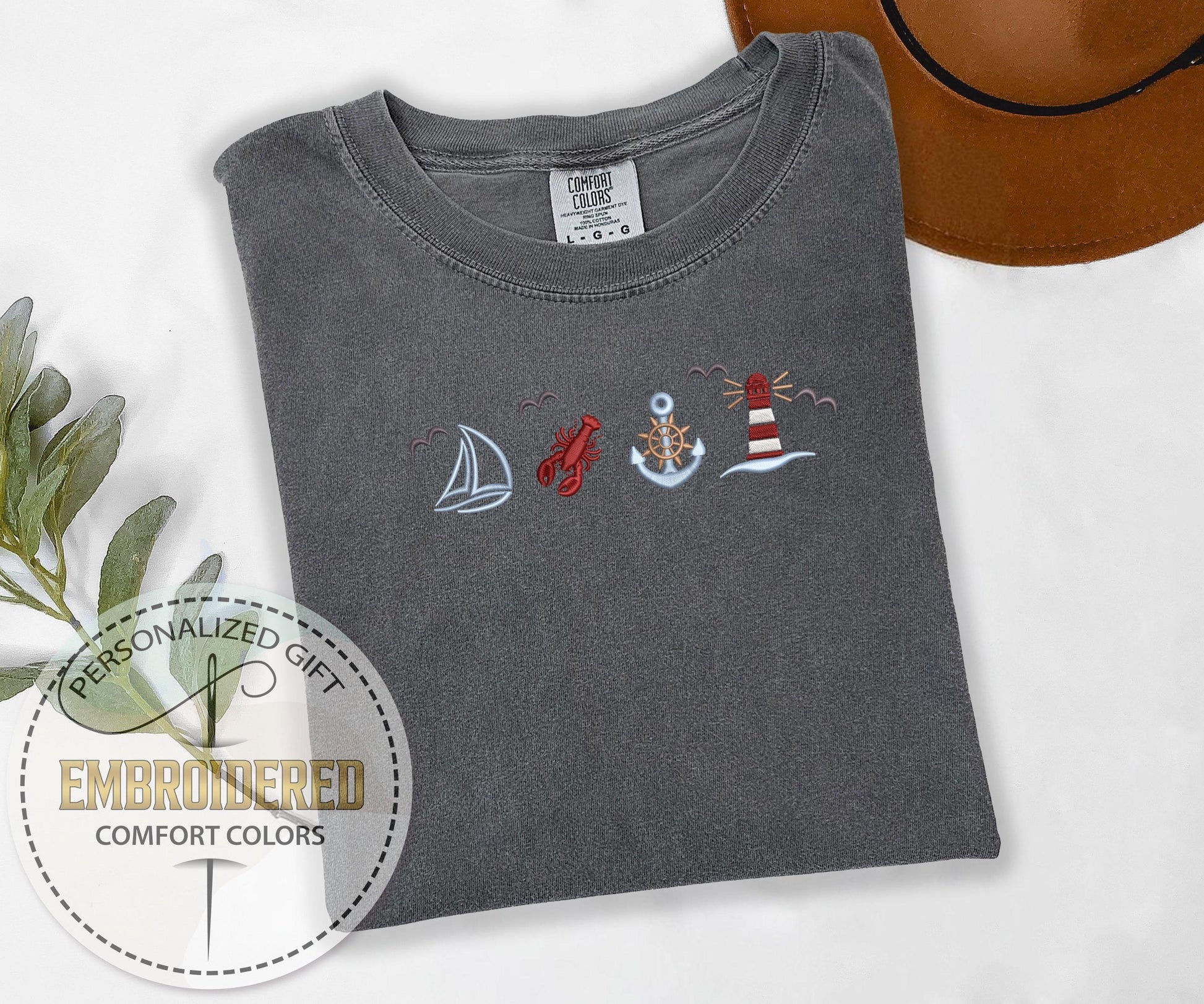 Nautical Embroidery Tee, Lobster Anchor Lighthouse Comfort Colors Shirt, Beach Adventure T-Shirt, Gift For Boat Lovers, Summer Ocean Tee
