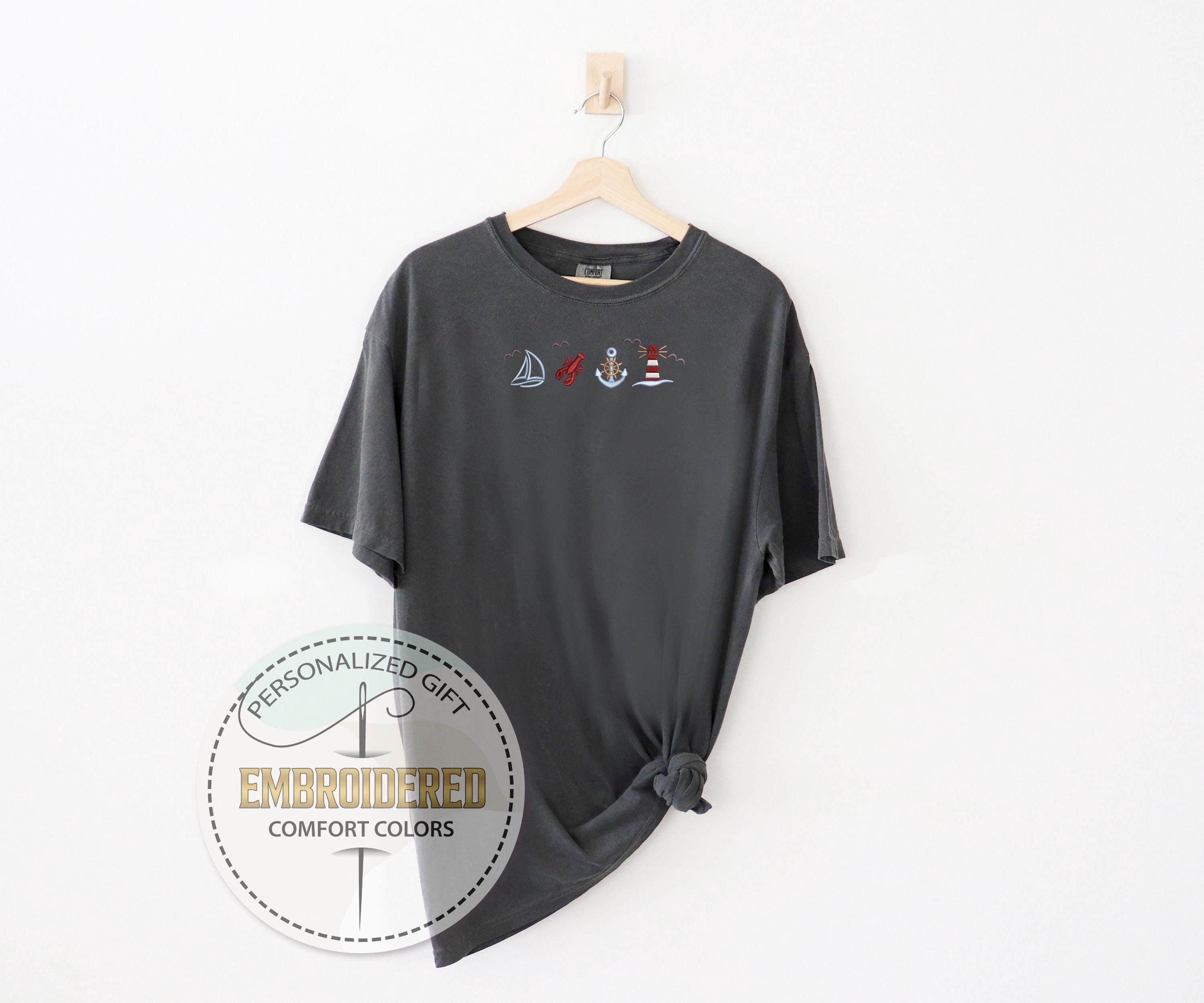 Nautical Embroidery Tee, Lobster Anchor Lighthouse Comfort Colors Shirt, Beach Adventure T-Shirt, Gift For Boat Lovers, Summer Ocean Tee