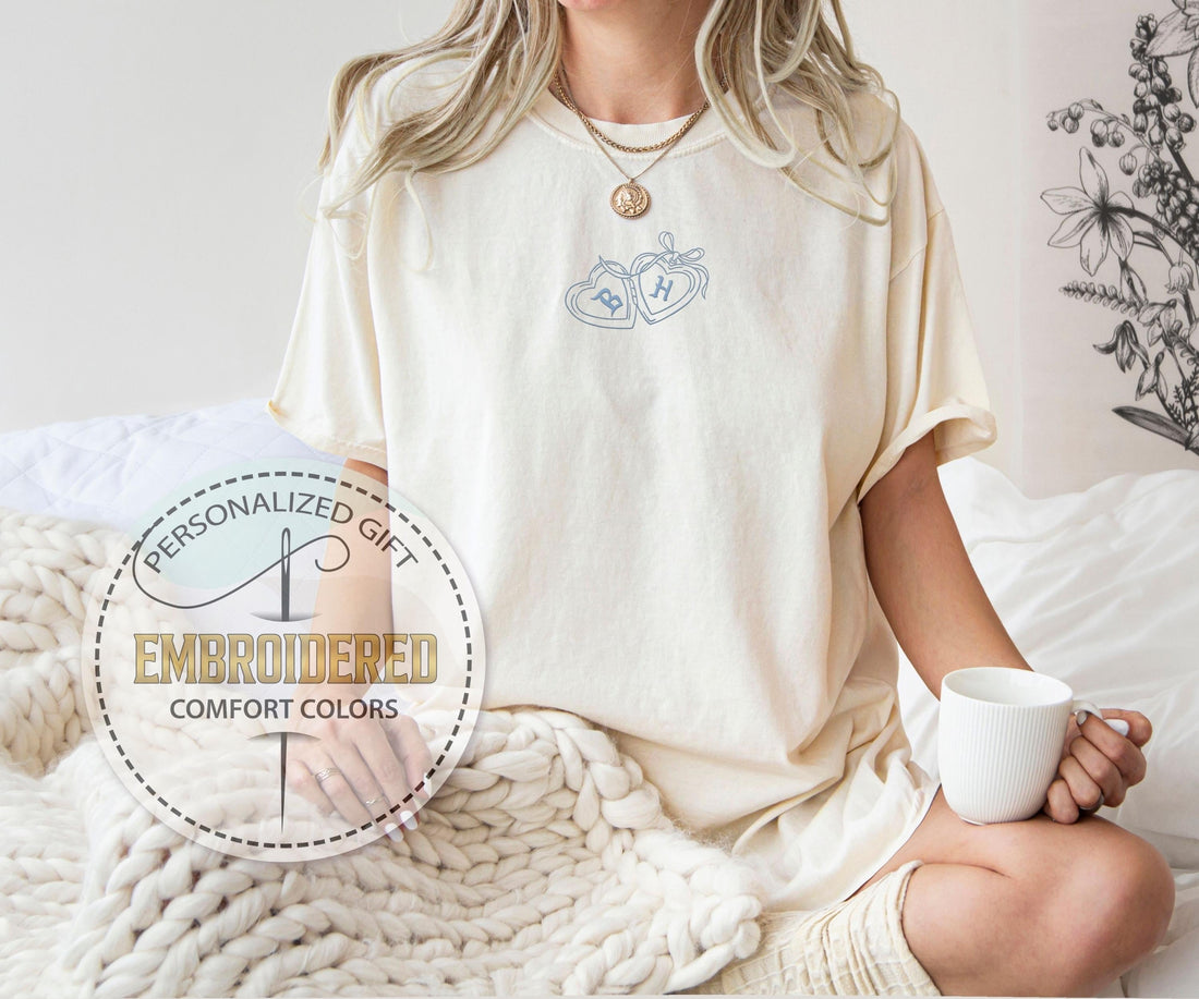 Embroidered Heart Locket Initials Tee, Coquette Comfort Colors Shirt, Personalized Bride Tshirt, Vintage Wedding Gift, Embroidery T-shirt
